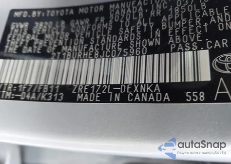 2018 Toyota Corolla Le z USA, uszkodzony, nr VIN 2T1BURHE8JC075960